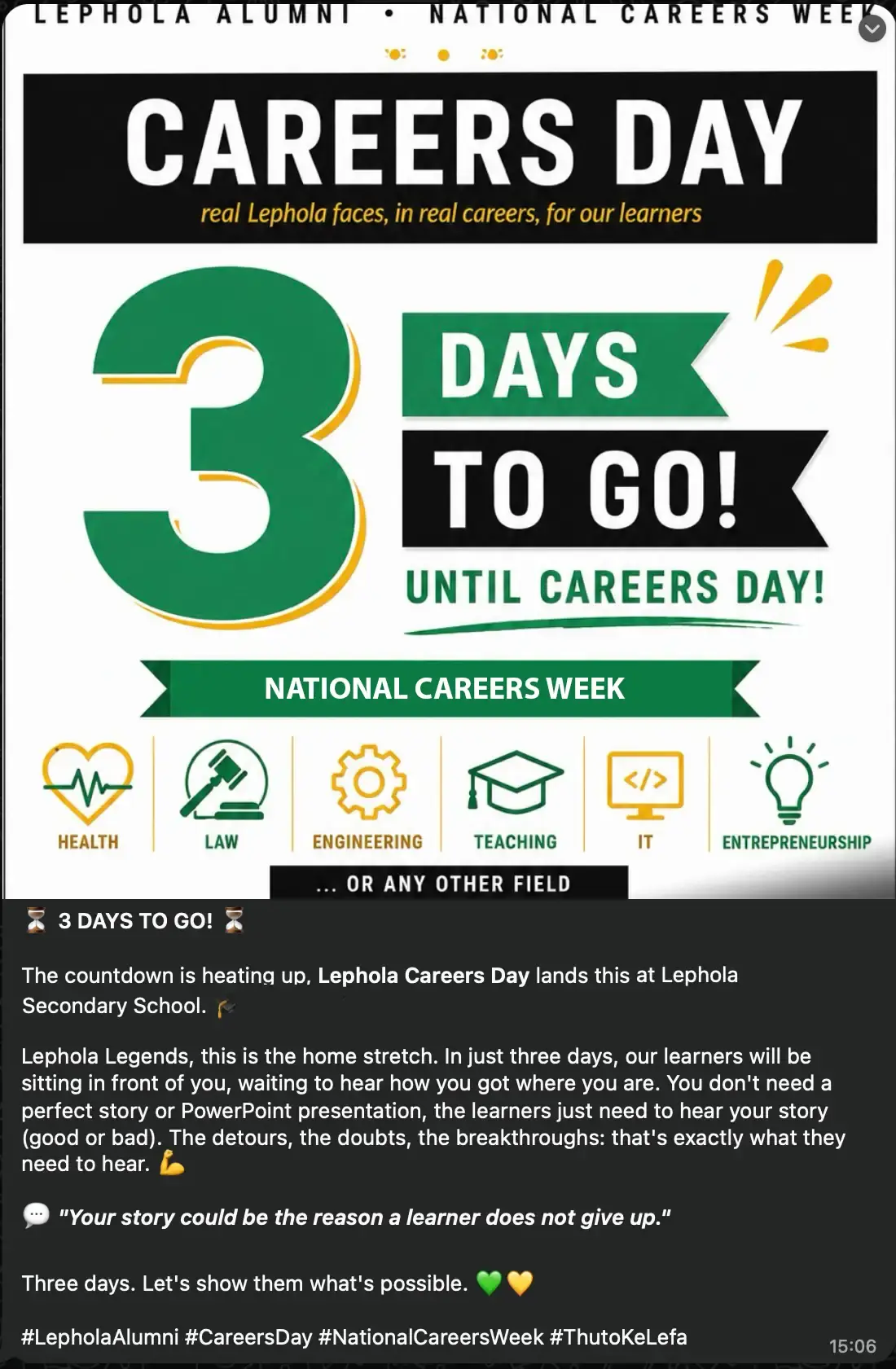 Countdown post reading 3 days to go until Careers Day, with the National Careers Week banner and field icons