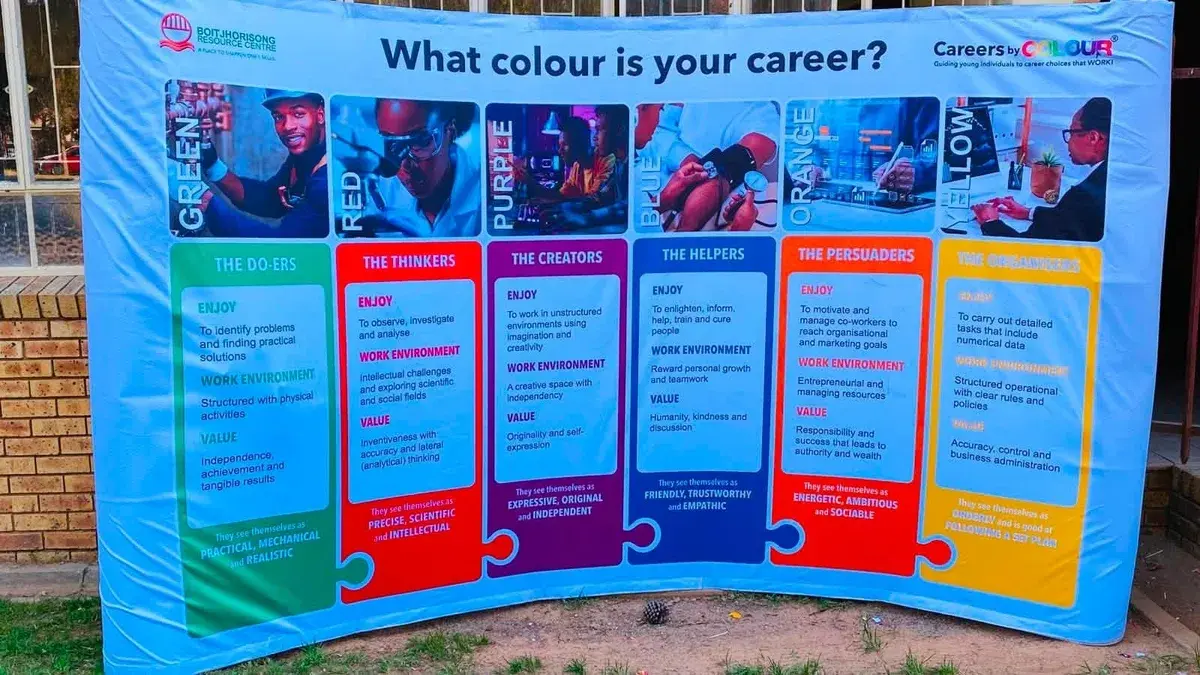 A 'What colour is your career?' careers interest banner on display outdoors